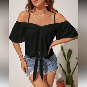 Black tie front cold shoulder blouse